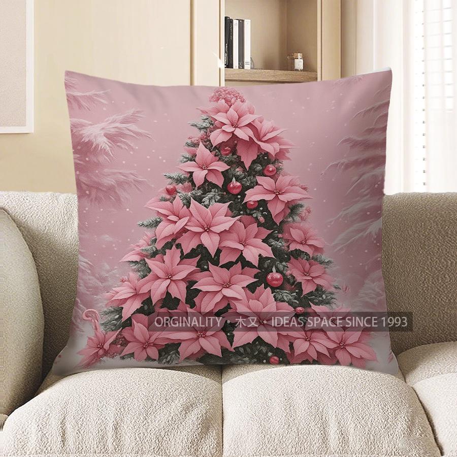Home Decor Pink Poinsettia Christmas Tree Pattern Pillow Pattern Cushion Cover Suitable For Sofa Bedroom Car Pillow Cover