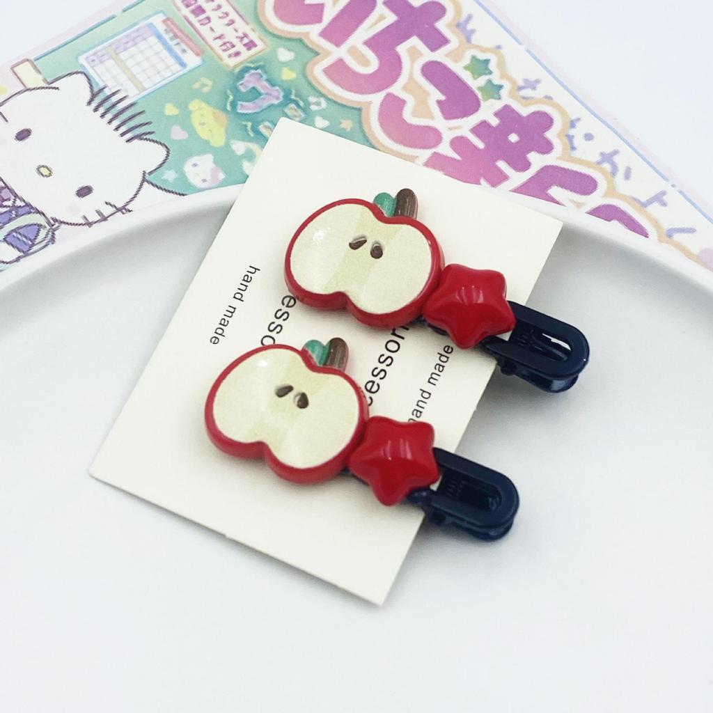 Red Star Apple Duckbill Clip - Cute Girly Bangs & Side Clip with Five-Pointed Star Design