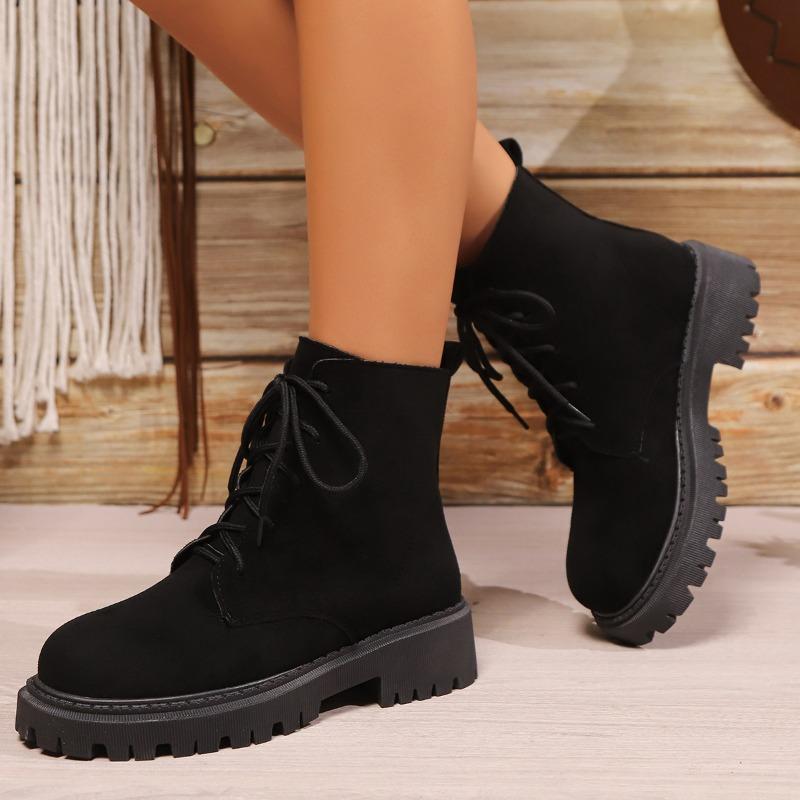Fashion 2024 Hot Sale New Wear Resistant Autumn Winter Round Head Ladies Elegant Boots Solid Color Fashion Lace-up Non-slip Women Shoes