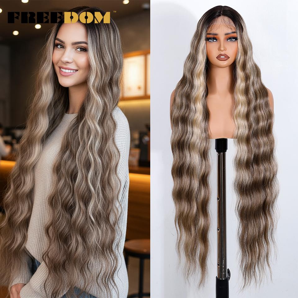 FREEDOM Synthetic Lace Front Wigs For Women 36 Inch Super Long Deep Body Wavy Cosplay Lace Wigs Ombre Blonde White Cosplay Wig