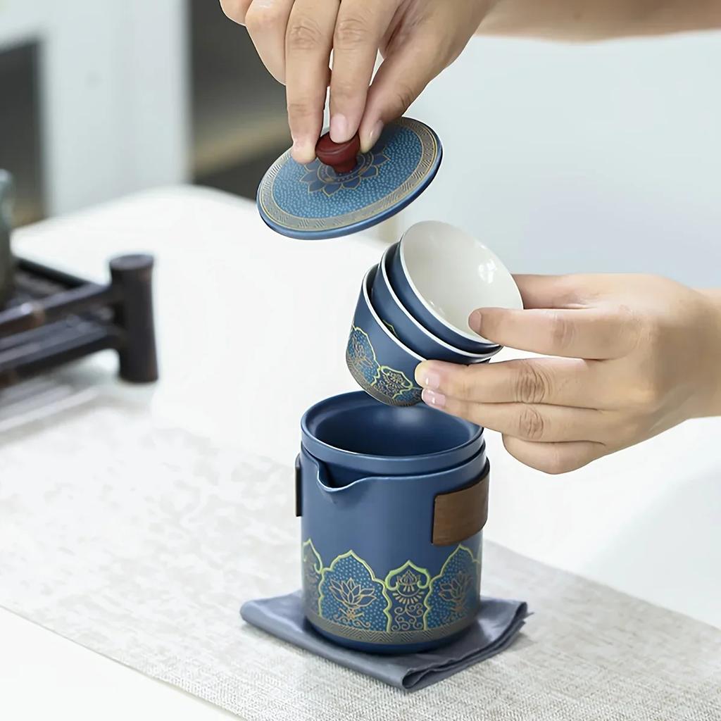 1Set-Travel Tea Set Portable Kung Fu Tea Set Ceramic Teapot Tea Canister Tea Cup Outdoor Quick Cup Tea Canister Leather Bag