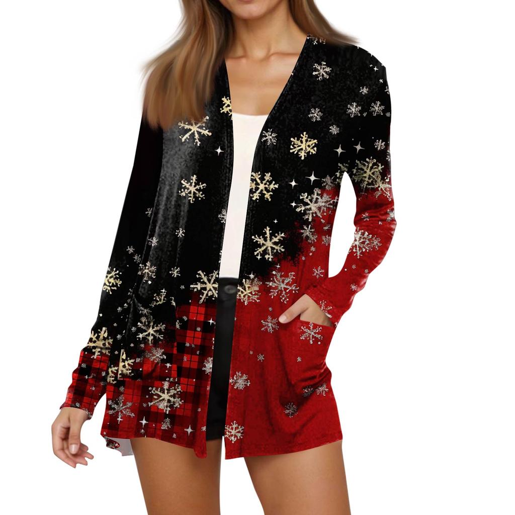 Women's Fashion Christmas Print Long-Sleeved Pocketed Slim-Fit Cardigan Coat