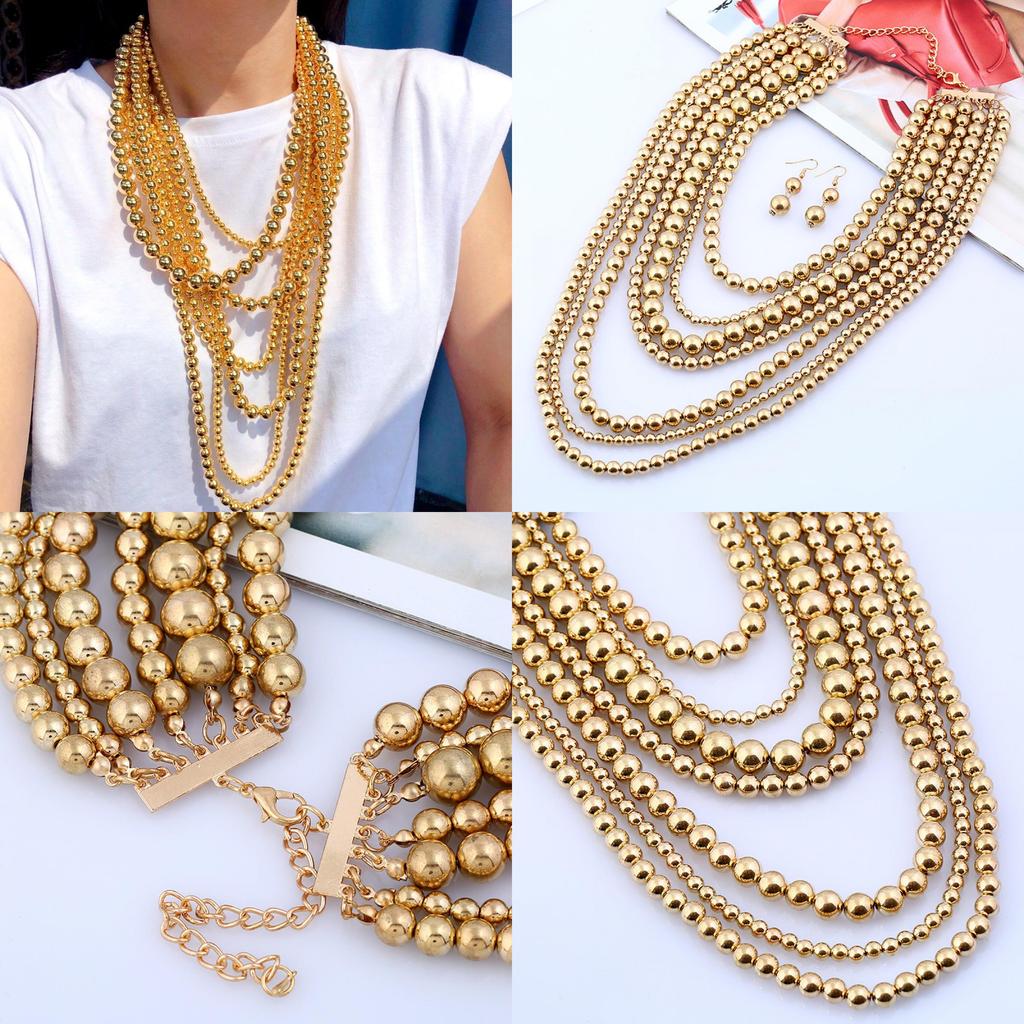 Geometric Multi Layer Gold Beaded Necklace For Women Fashion Trend Spring