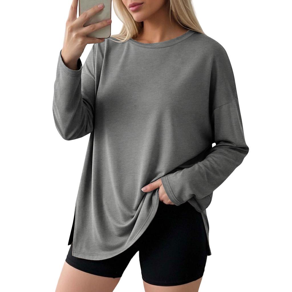 Women Casual Loose Fit Long Sleeve T Shirt Split Hem Crew Neck Plain Pullover Top Lightweight Comfortable Fabric