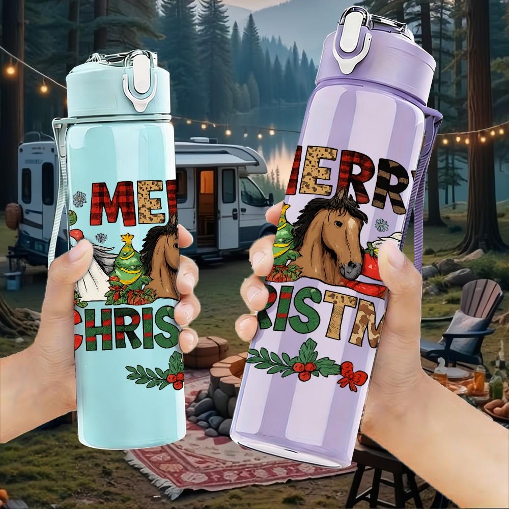 1PC Merry Christmas Horse 750ml Color Plastic Sports Water Bottle Leakproof Flip Straw Lid Suitable for Sports Office Home Use