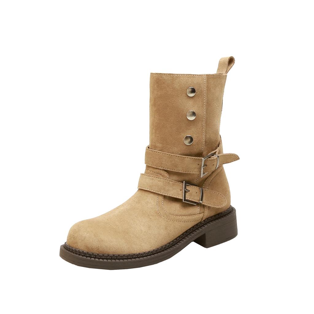 Height increase 5.5cm~ Maillard thick heel thick bottom buckle with cow suede high heel short boots 2025 women's autumn Martin boots