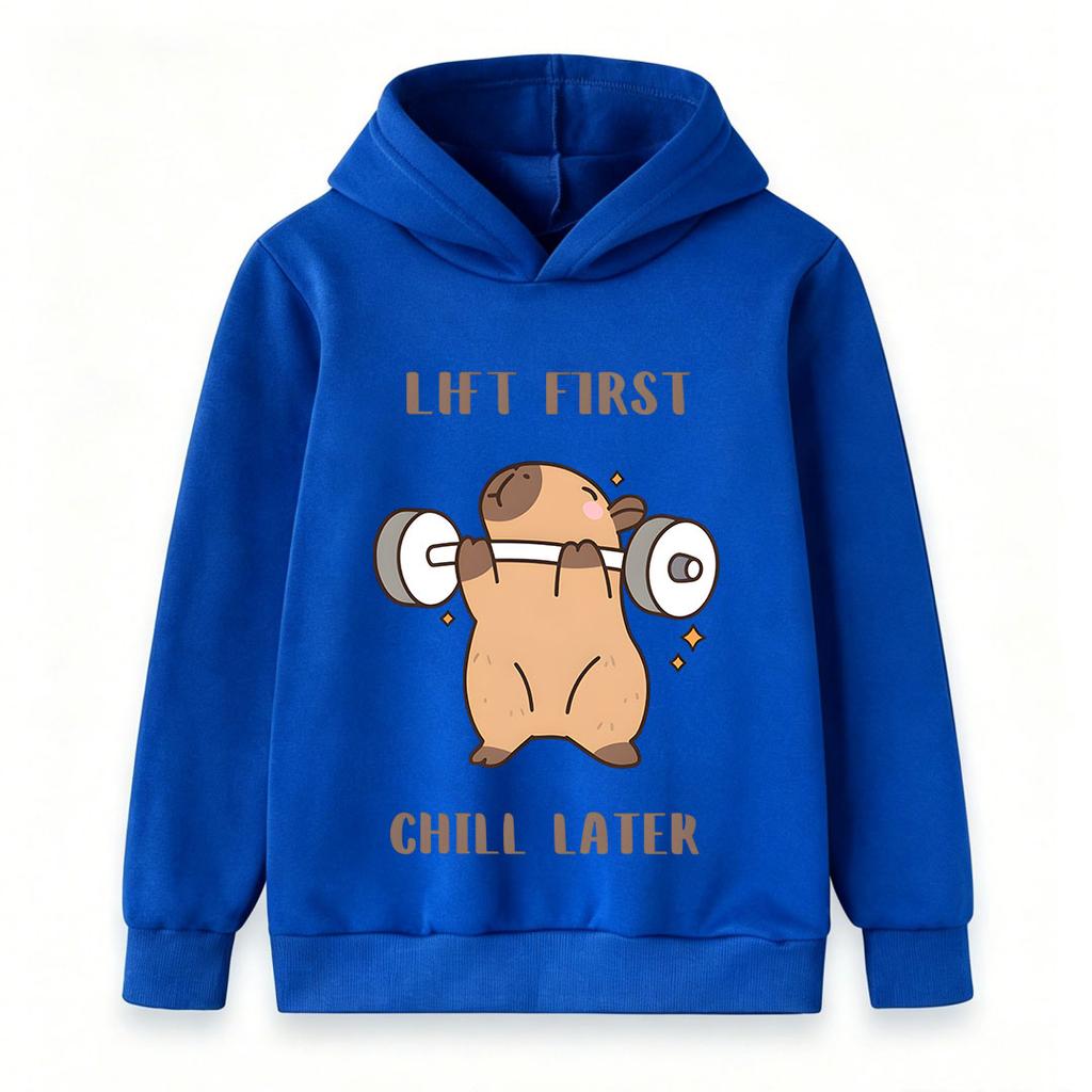 Kids Boys Girls Hooded Pullover Sweatshirt, Cute Capybara Lift First Chill Later Graphic Casual Soft Long Sleeve Hoodie For Daily Workout Playwear