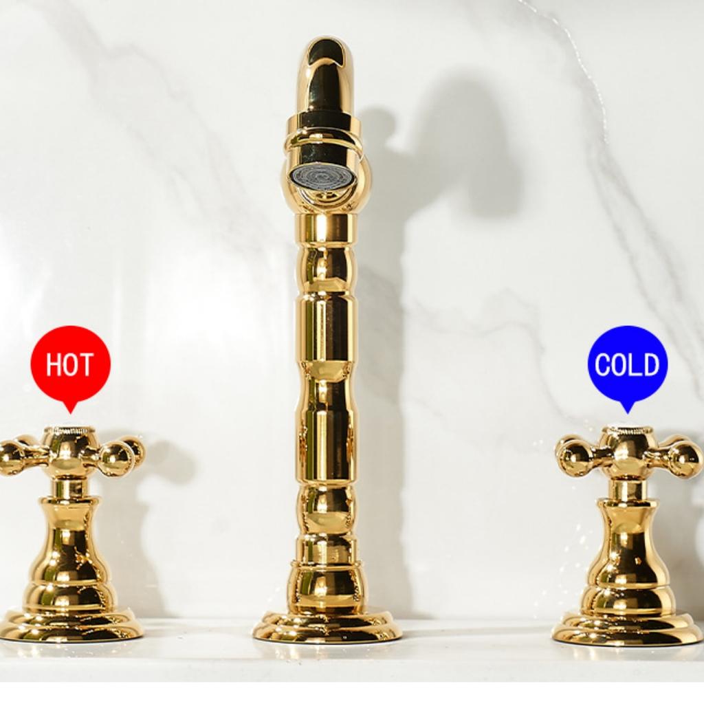 Tuqiu Szeroko rozstawiona Bateria Umywalkowa Mosiądz Złoto Bateria Łazienkowa Chromowana Bateria Umywalkowa 3-otworowa Ciepła i Zimna Bateria Umywalkowa Kranik