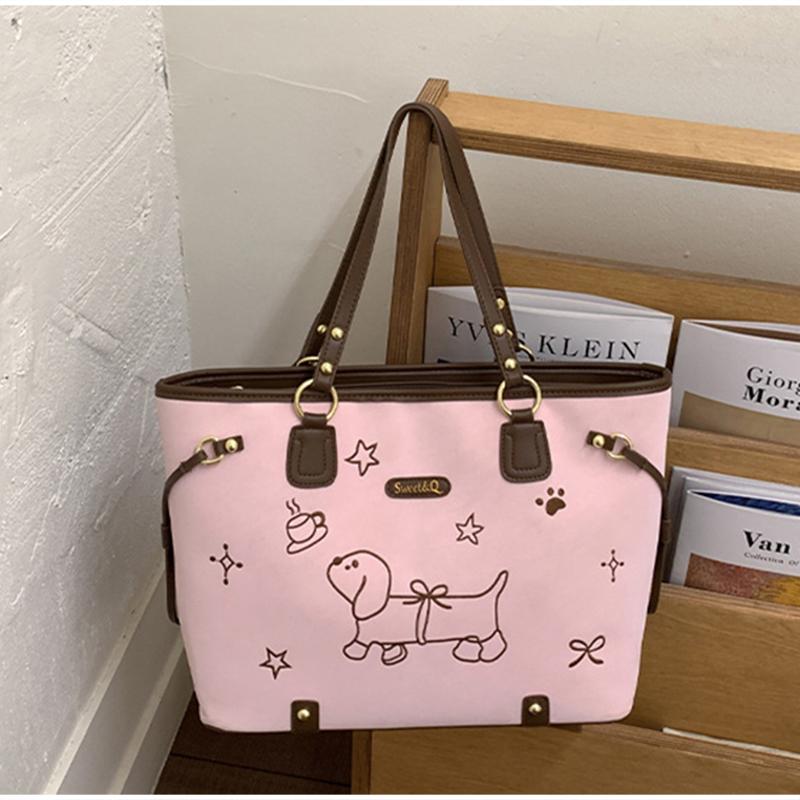 Cute Dachshund Embroidery Tote Bag Large Capacity Zipper Shoulder Bag Kawaii Pink Cartoon Pattern Women School Commute Handbag