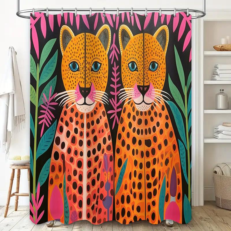 Modernes Boho Tierprint Duschvorhang-Set Für Badezimmerdekor Lebendiges Oranges Leopardenmuster Mit Grünpflanzen Perfektes Geschenk! (Set Incl