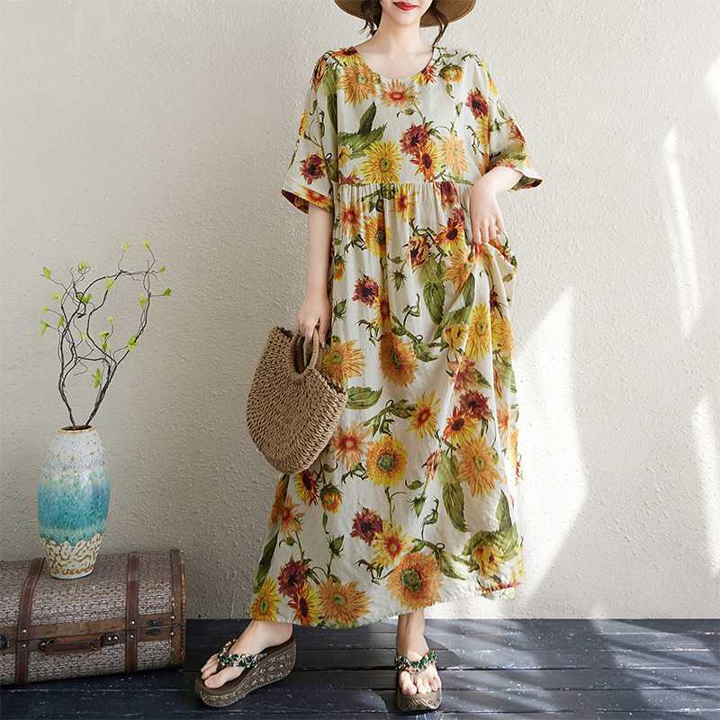 

Тонкое хлопково-льняное простое длинное платье с короткими рукавами и круглым вырезом для женщин One size