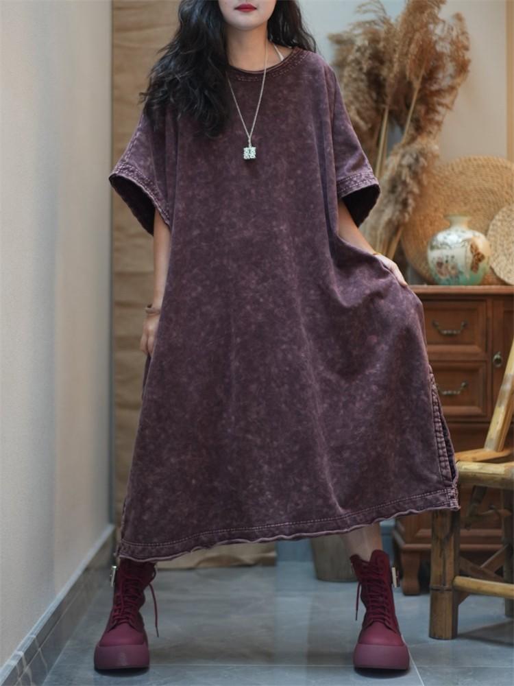 Summer New Arts Style Women O-neck Loose Vintage A-line Long Dress Side Split Design Good Quality Cotton Linen Dresses