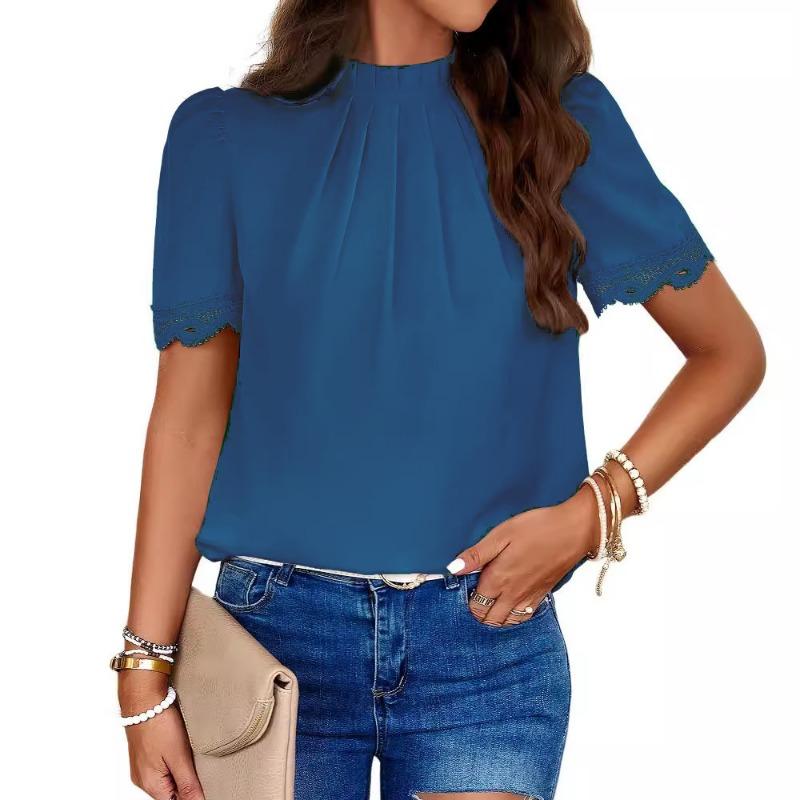 YYFS Damenmode, lässig, Sommer, Frühling, einfarbig, bedruckt, kurzärmelig, O-Ausschnitt, Blusen und Hemden