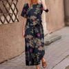 New Summer Women's Cotton And Linen With Floral Printed Short Sleeves Loose Casual Large Size Plus Nine Point Pants Suit