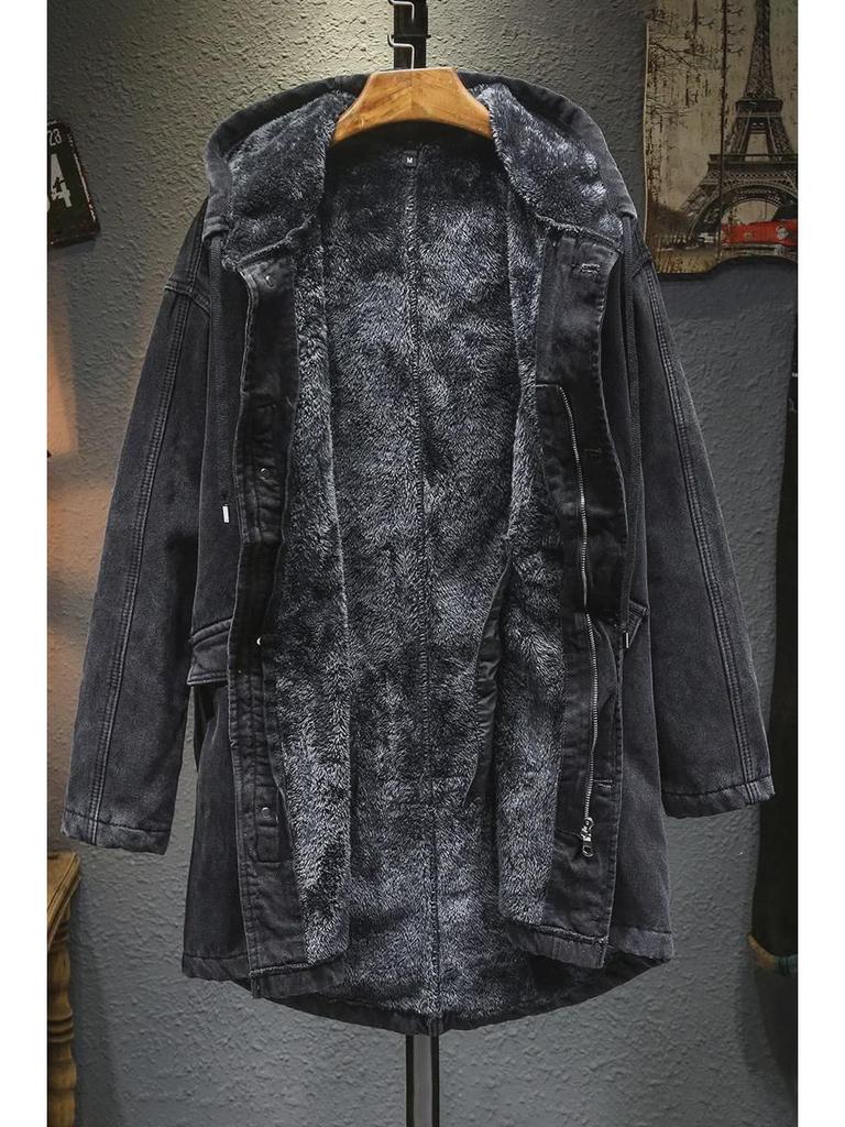 Men's Winter Hooded Denim Jacket - Loose, Large-Size, Mid-Length, Thick Warm Cotton Coat