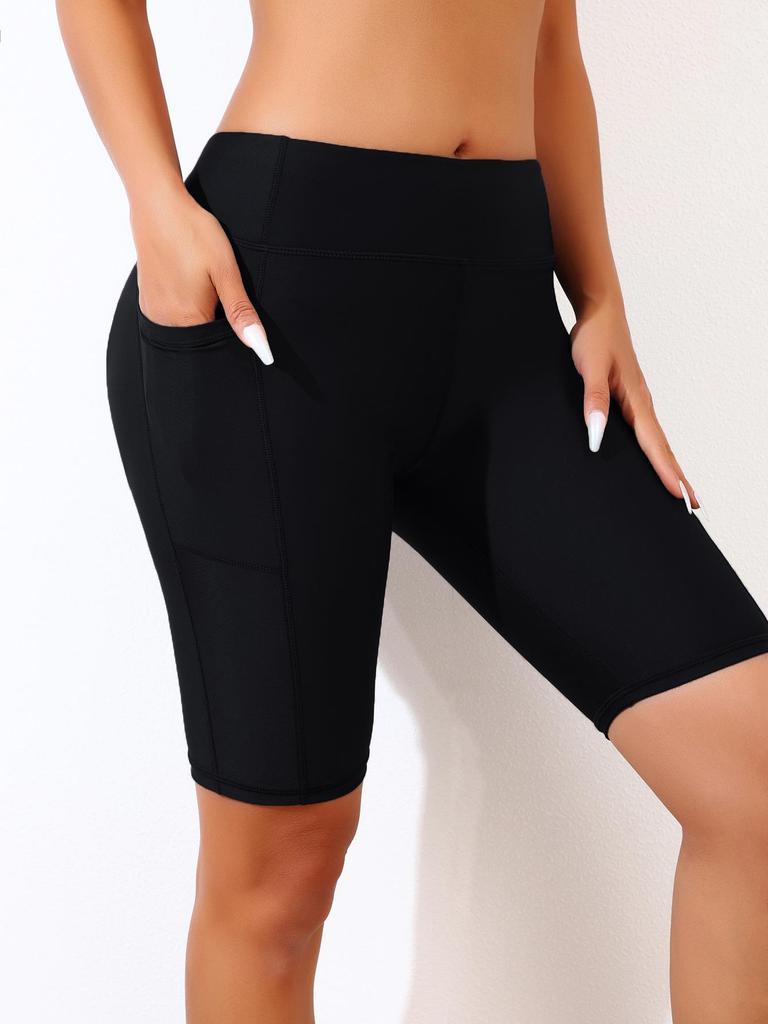 Women's High-Waisted Swim Shorts with Pockets - Flat-Leg, Five-Point Trunks