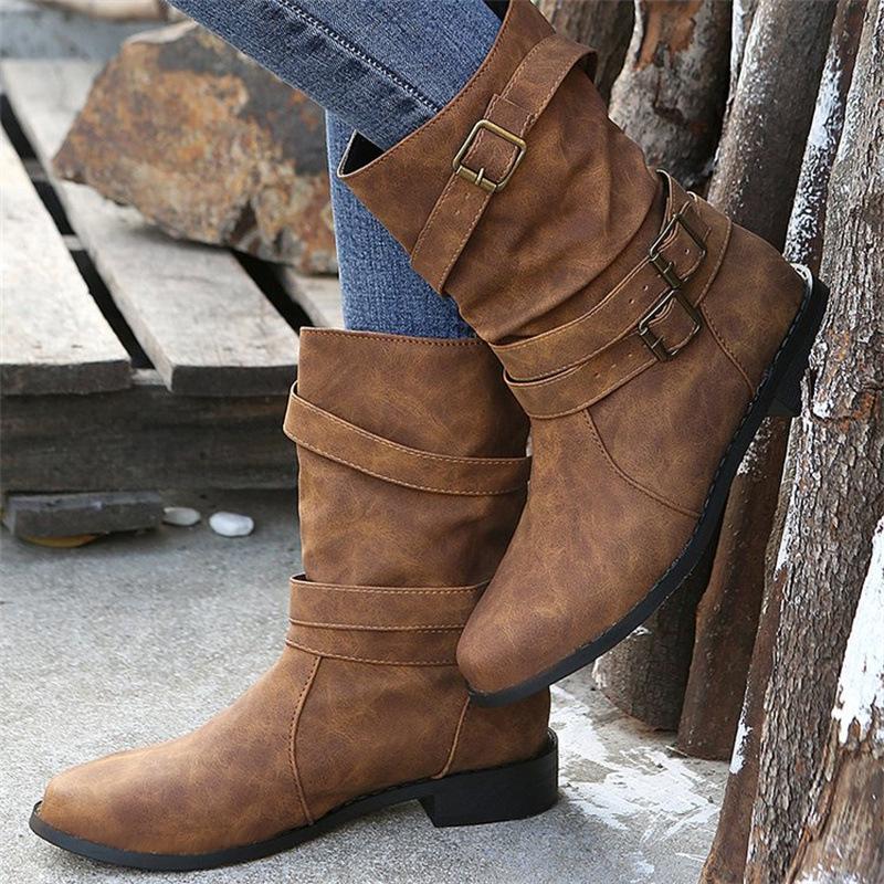 Medium boots, European and American short boots, retro Martin boots, belt buckle solid color low heel large size fashion boots