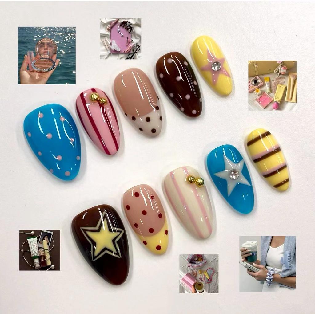 24PCS Retro Colorful Stripes Almond False Nails Pink Polka Dots Sweet French with 3D Flowers Fake Nails Wearable Nails Press On