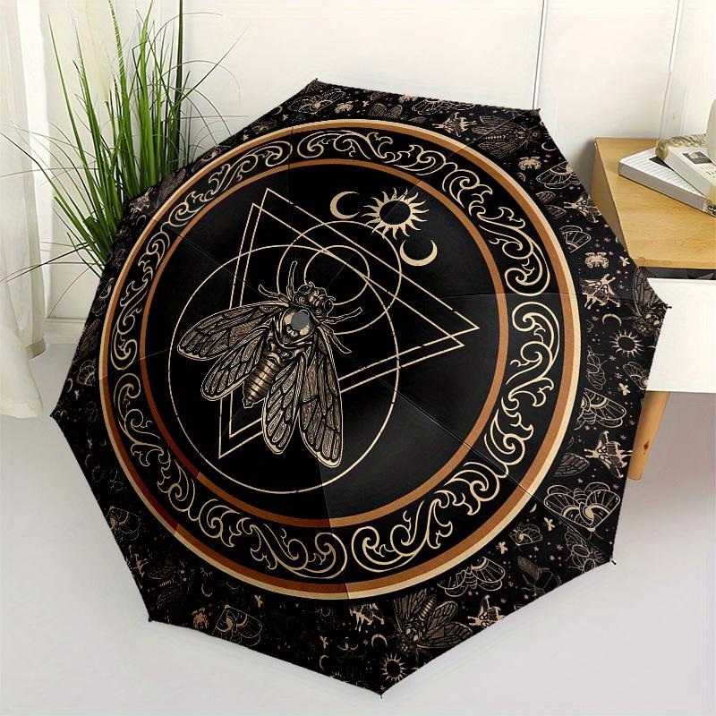 Golden Bee Symbol Round Rug Mystical Insect Decorative MatUmbrella, Portable 3-Fold Compact Umbrella for Men & Women ES47