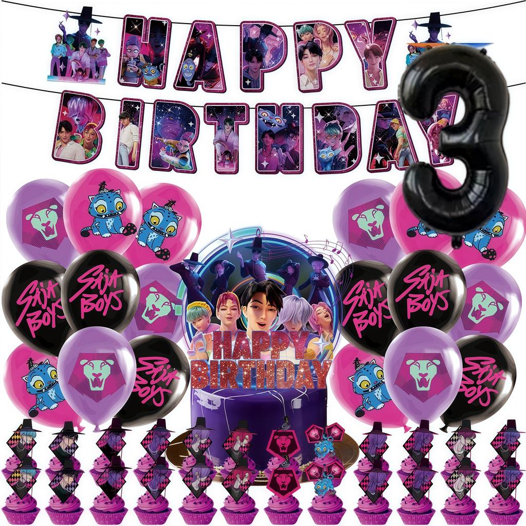 Saja Boys kpop Cazadores de Demonios Merch Set de Decoración para Fiesta Topper para Tarta Globos Fondos de Cumpleaños Suministros para Disfraces Geniales para Niños Fiesta