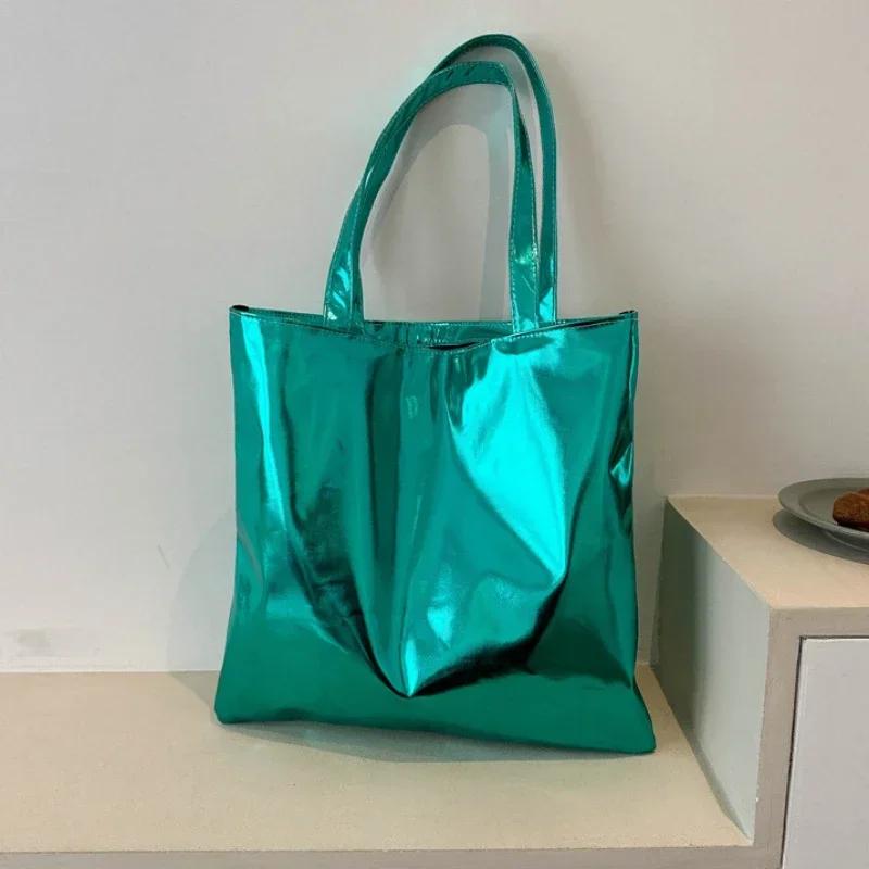 

Glossy Tote Bags for Women Fashion High Capacity Shopping Pouch PU Leather Handags Shiny Casual Female Purse Girls Shoulder Bag зелений