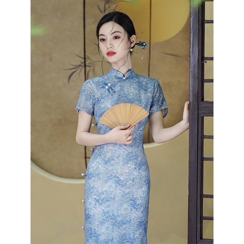 New Chinese cheongsam 1011 new temperament improved blue summer simple and elegant long slim dress