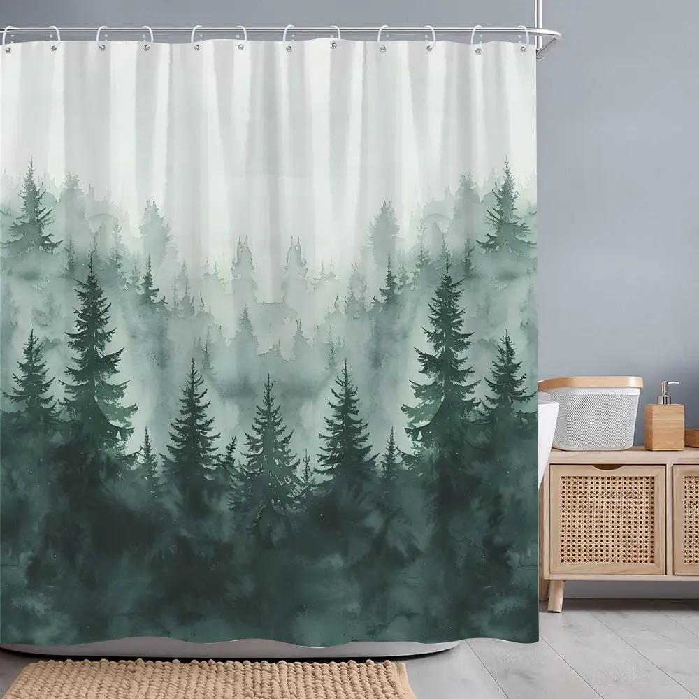 Misty Forest Shower Curtain Dreamy Rainforest Watercolour Print Polyester Fabric Shower Curtains Bathroom Decoration with Hooks