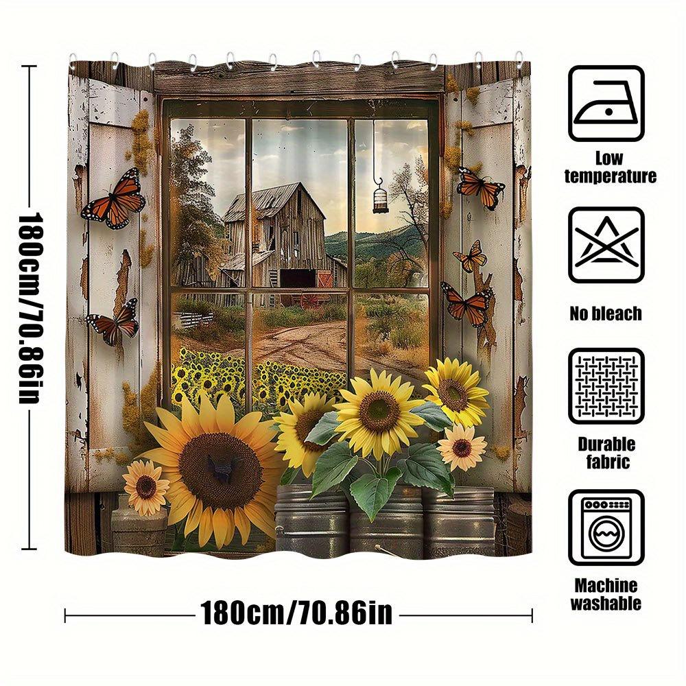 Country Landscape Shower Curtain - Sunflower & Butterfly Farm Style, Window Pattern, Polyester Bathroom Decor, 12 Hooks