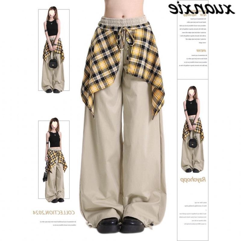 

2025 Women s Retro Plaid Pants - Casual, High Street, Loose Straight Leg Design for Autumn S абрикосовый