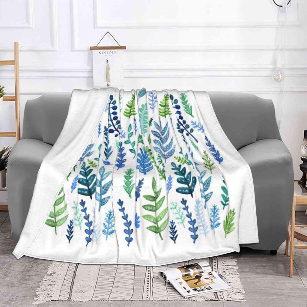 Blue And Green Watercolor Foliage Fashion Soft Warm Flannel Blanket Watercolor Foliage Leaves Fern Plants Blue Green