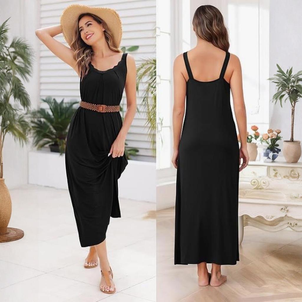 Women's Soft Long Elegant Lace V-Neck Home Clothes Sexy Loose Sleeveless Casual Dress