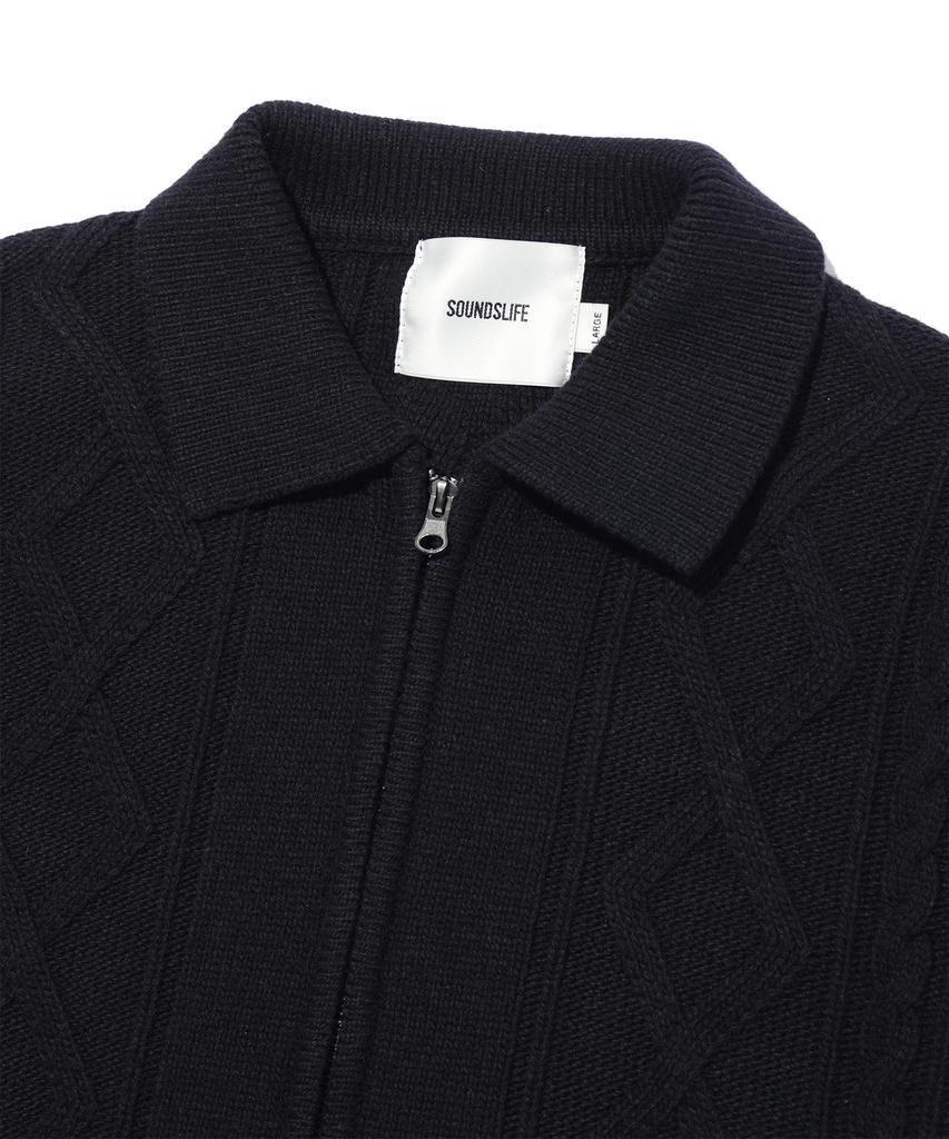 Soundslife Zigzag Cable Collar Knit Zip-Up Black