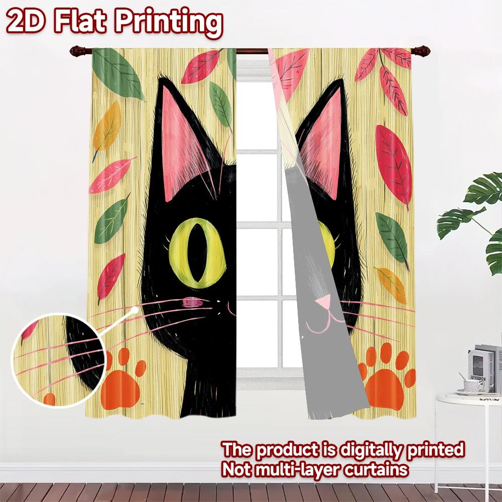 2D flat printing 2pcs Window Drapes Black Cat Cute Leaves Digital Printed Polyester Drapes Seasonal Party & Holiday Decor for
