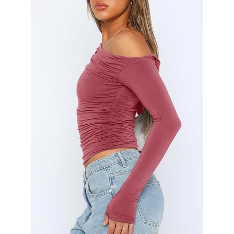 Women's Slanted Shoulder Asymmetrical Solid Color Crop Top Long Sleeved Sexy Slim Fit Elegant T-shirt