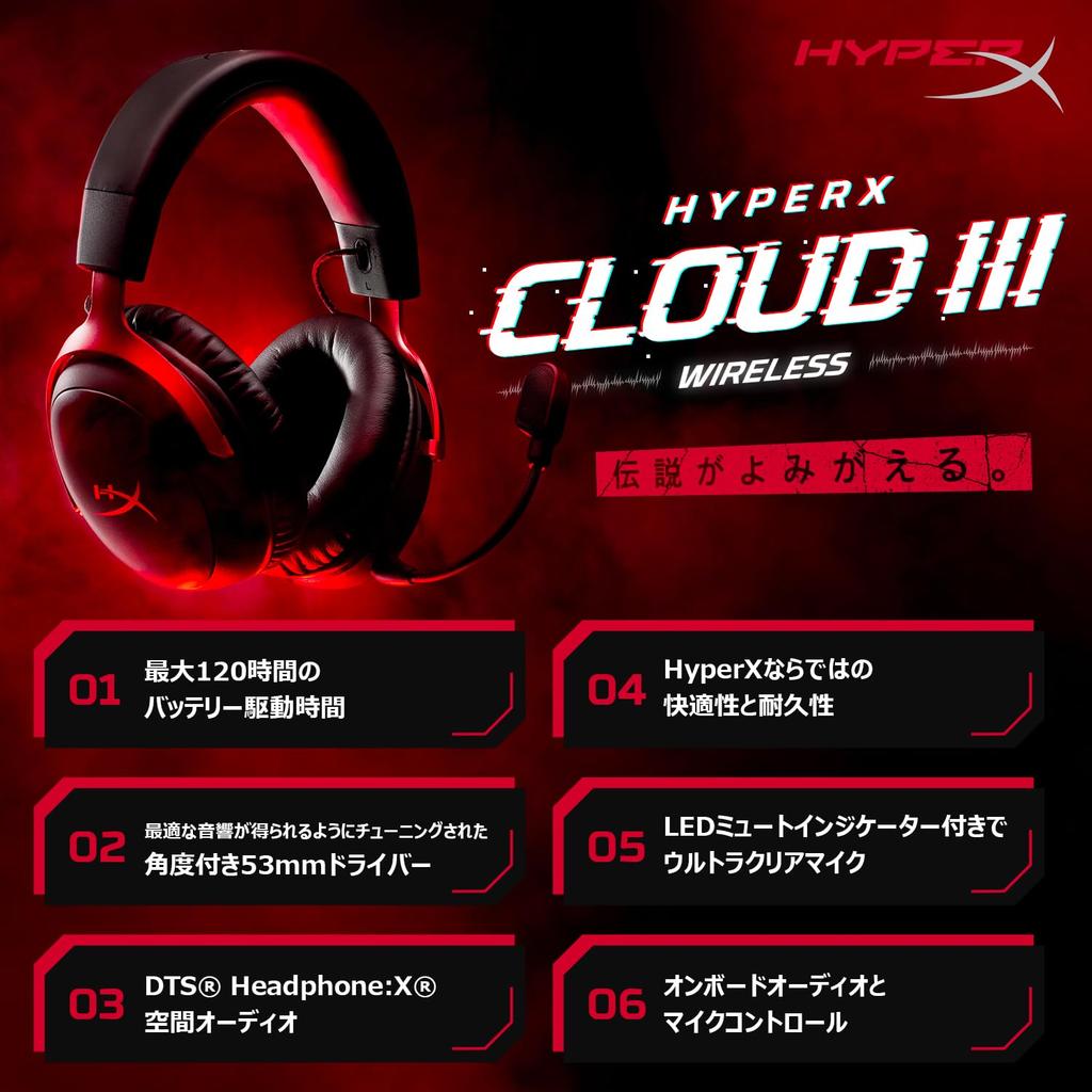 HyperX Cloud III Wireless Gaming Headset with DTS Spatial 53mm Cloud II for Xbox Nintendo and Mobile HeadphoneX Audio, Drivers, Comfort, Black-Red,