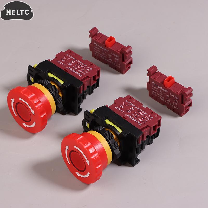 22MM LA36M Emergency Stop Button Switch E-Stop Plastic Mushroom Push Button Switches ON OFF With LED Light 12V-24V 110V 220-380V