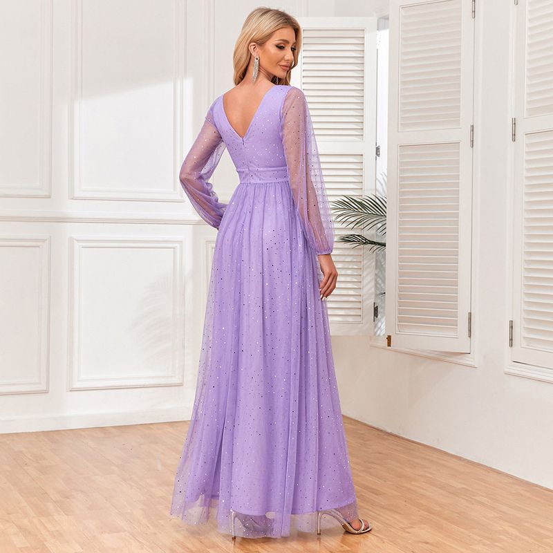 Abito Elegante da Sera V-Neck Manica Lunga Lucido Stile Europeo e Americano Abito da Festa di Matrimonio Cocktail Compleanno Taglie Forti