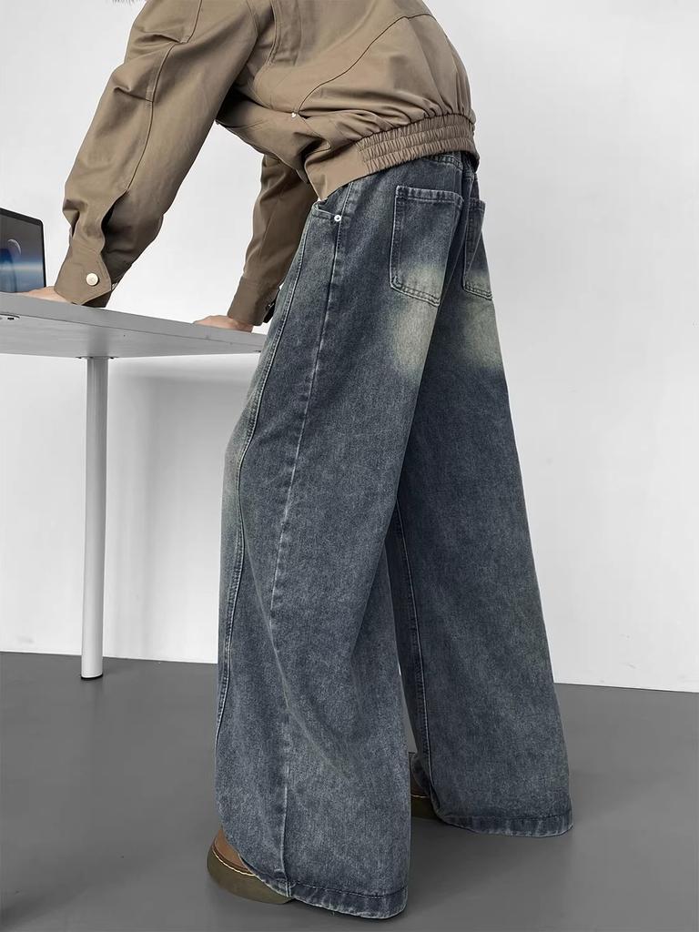 Men's Washed Patchwork Curved Jeans Spring Fall Loose Wide Leg Pants Streetwear Hip Hop Baggy Denim Trousers