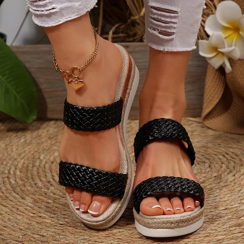 Fashion PU Leather Woven Wedge Sandals for Women 2025 Summer Fashion Platform Slippers Woman Casual Comfortable Outdoor Beach Sandalias