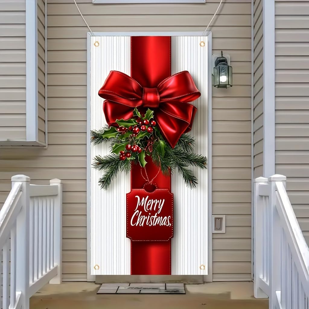 ChristmasDoor Cover Banner 71x35 Inch Red Bow and Holly Decoration for Front Door Holiday Indoor Outdoor Home Decor