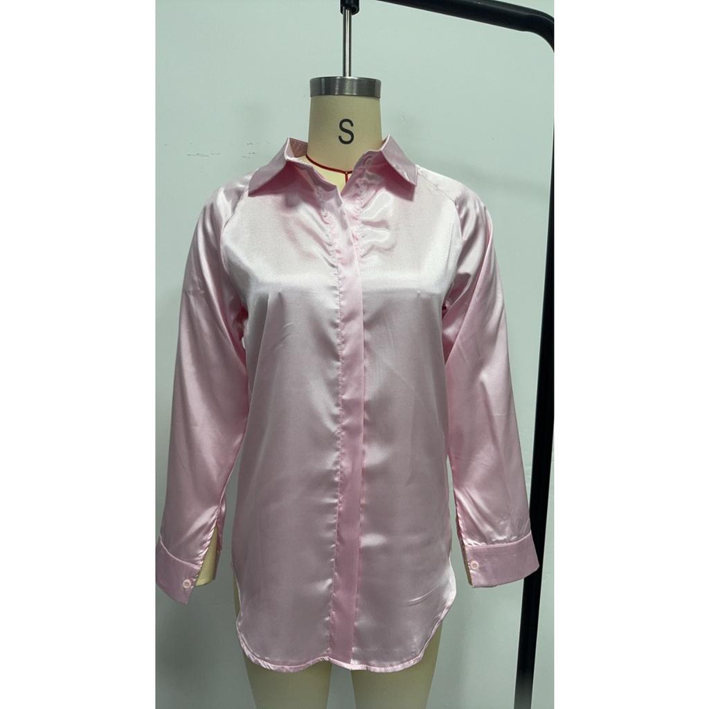 Satin Imitation Silk Long Sleeved Solid Color Women's Shirts