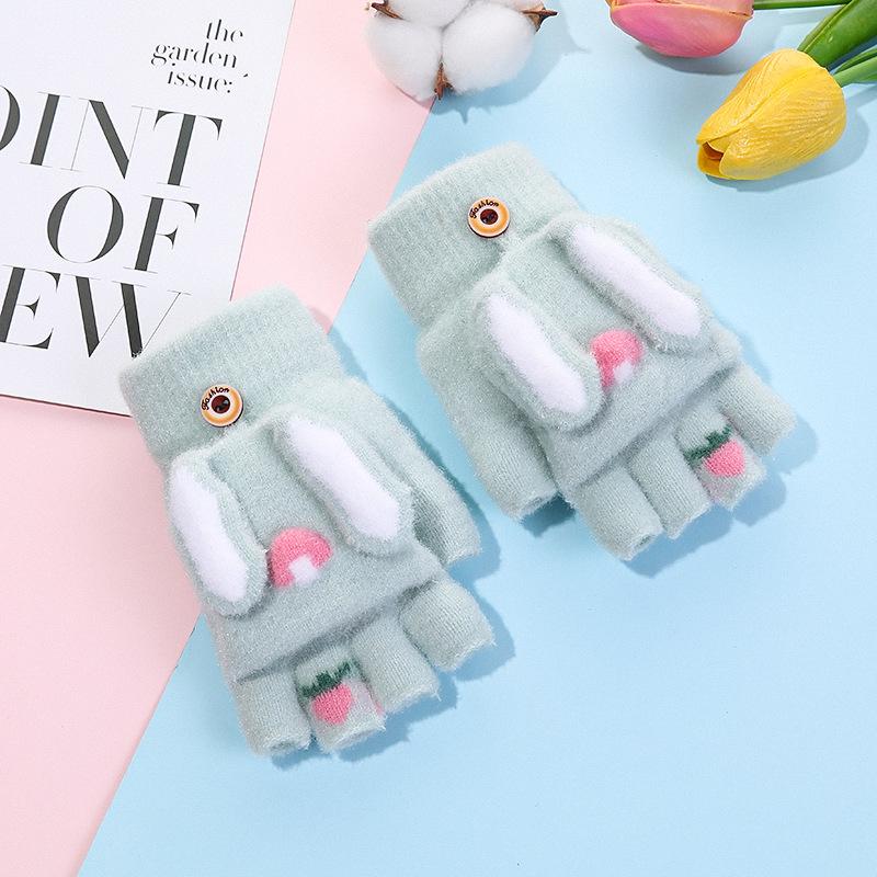 Winter Children's Knitted Finger Gloves for Boys and Girls, Warm and Piled Thickened Cartoon Half-finger Flip-top Writing Gloves