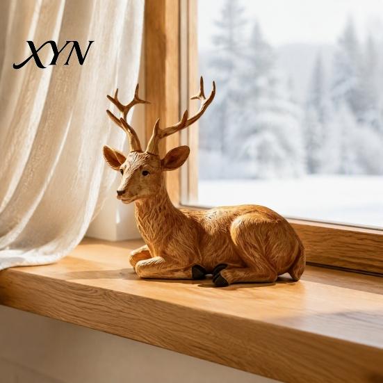 Retro Home Decor Reindeer Resin Figurine, Faux Wood Grain Christmas Deer Statue, Desktop Ornaments Vintage Tabletop Ornament for Window Display Style