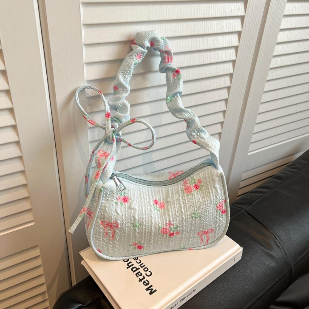 

Casual Floral Print Shoulder Bag Pleated Ruffled Handle Bow Armpit Bag Canvas Drawstring Underarm Bag синий