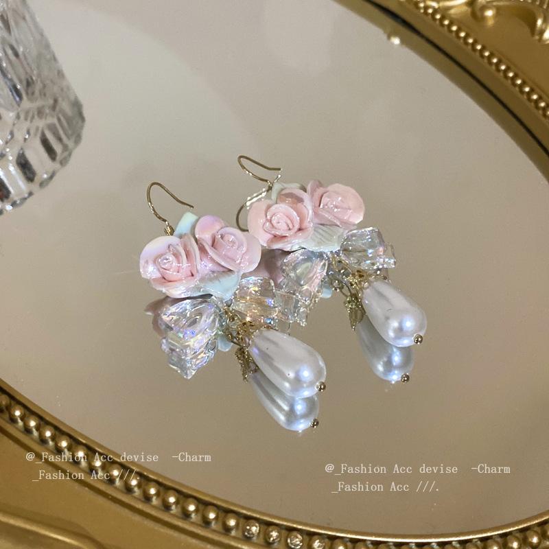Ceramic Flower Water Drop Pearl Ear Hook Sweet and Fresh Temperament Earrings Earrings Literary Lady Fan Earrings Women
