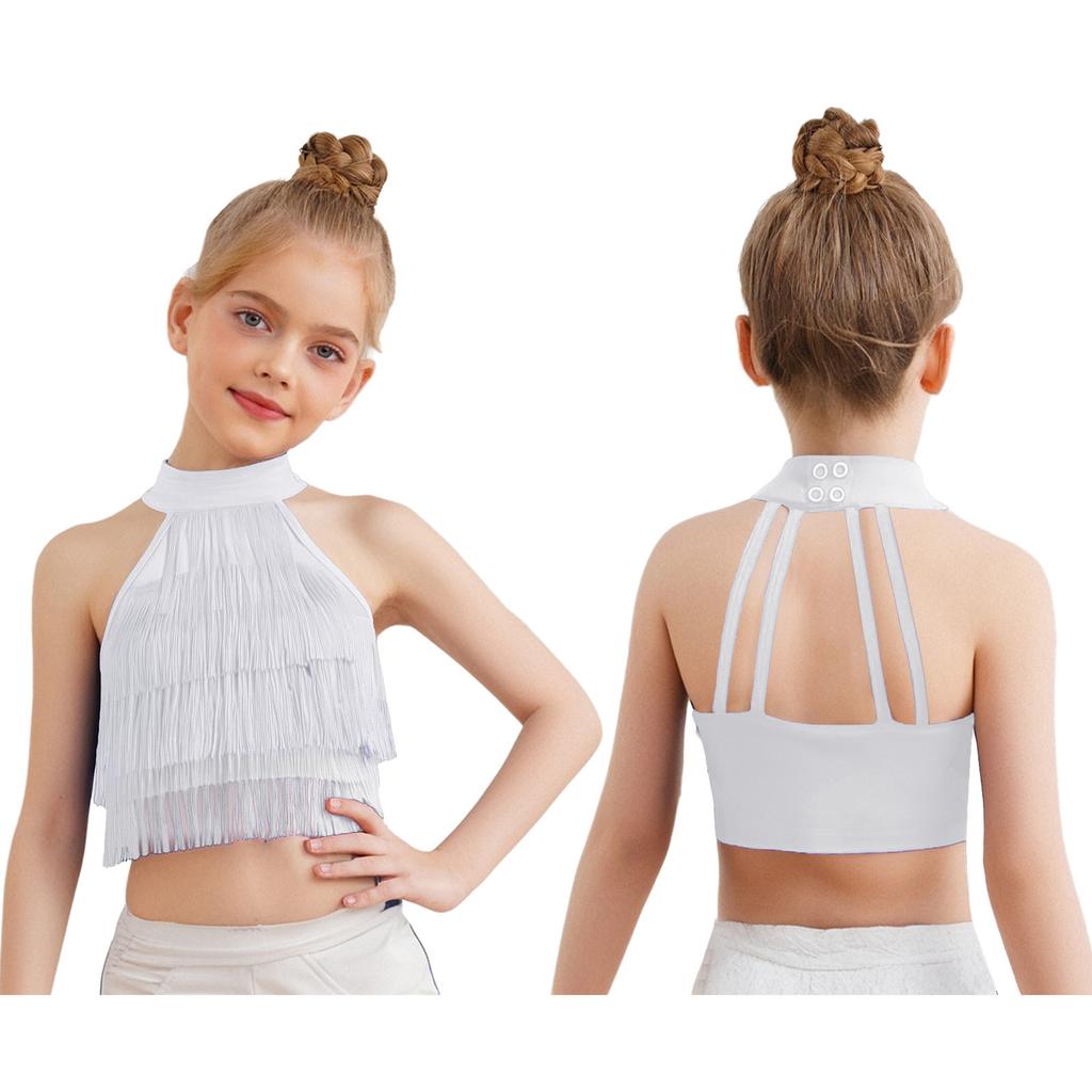 Vielseitiges Latein-Performance-Oberteil für Mädchen: Fransen Crop Top mit offenem Rücken & mehrlagigen Quasten für Salsa, Tanz & Halloween
