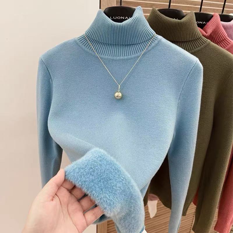 

Fleece and Thickened Sweater Women s High-neck One-piece Fleece Sweater Women s Autumn and Winter Pullover Solid-color Knitted Sweater S синий