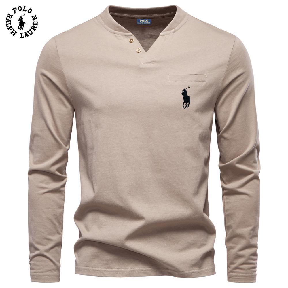 Polo Ralph Lauren 2025 Høst Ny Herre Broderi Casual V-hals Langermet T-skjorte Slim Fit Base Skjorte Ren Bomull T-skjorte Topp for Menn