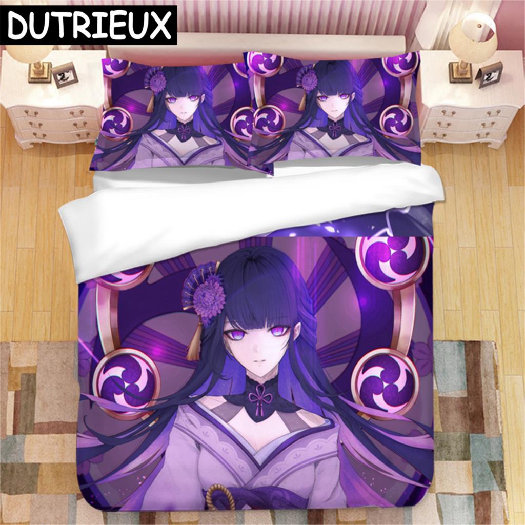 Genshin Impact Raiden Shogun 3D Printed Bedding Set Duvet Covers Pillowcases Comforter Bedding Set Bedclothes Duvet Cover