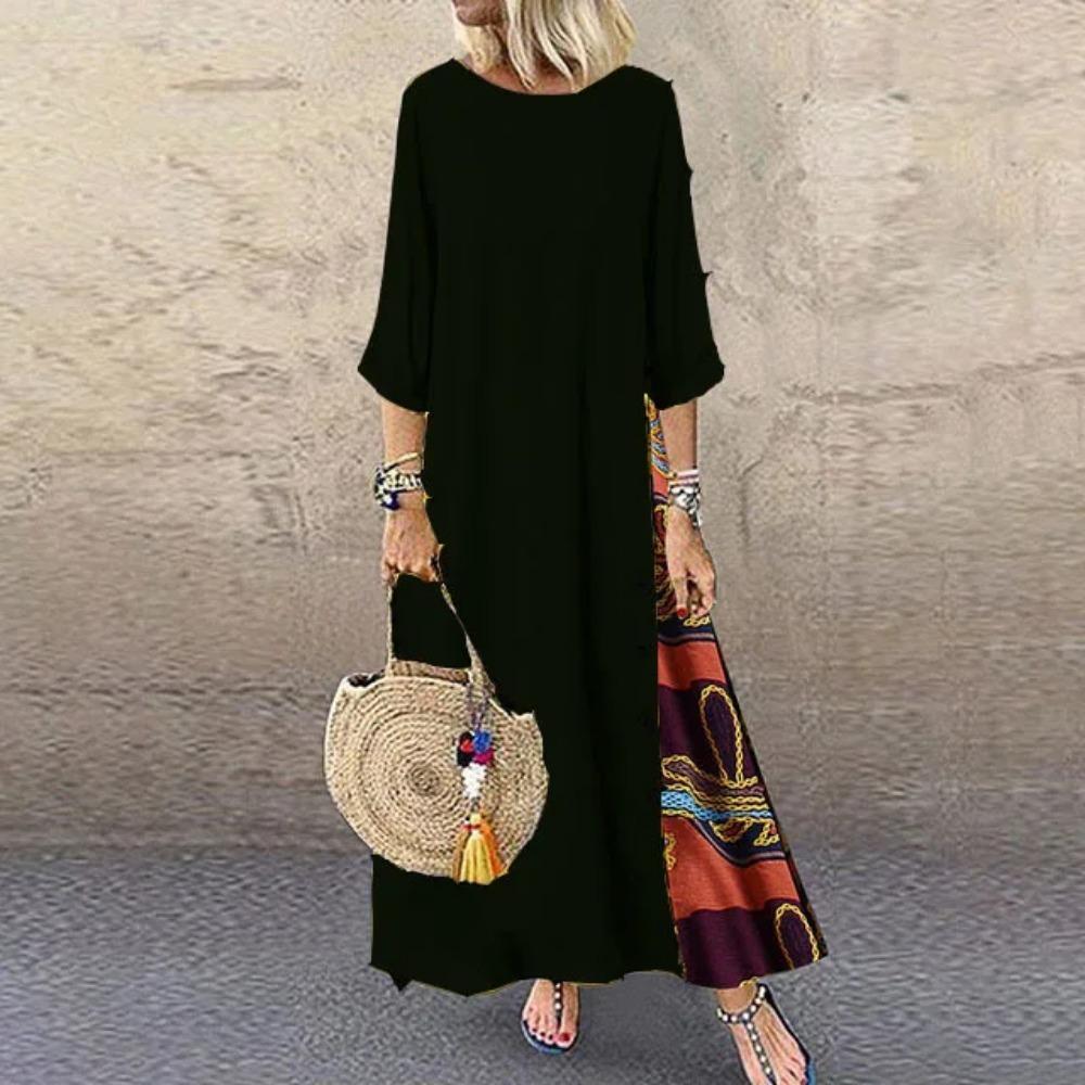 Women's Maxi Dress Round Neck 3/4 Sleeves Long Dress Casual Patchwork Floral Print A-line Dress